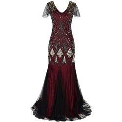 Vestido largo de estilo flapper con flecos y lentejuelas vintage para mujer, color rojo y dorado de los años 20, vestido largo formal de noche para boda, vestido largo Pa