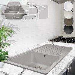 Nova Aquamarin® Fregadero de Cocina - de Granito, con 1 Seno y Escurridor Reversible, Set de Desagüe, 76 x 46 cm, Integrado o Empotrado, Gris - Lavabo