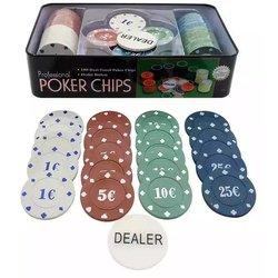 Juego de Mesa Juego de Poker 100 o 200 Fichas para Jugar Cartas de Póker, Set con Caja Metalica Fichas de Casino Profesional para Black Jack, con 4 Colores y Botones de Distribuidor, 100 Pcs  200 Pcs