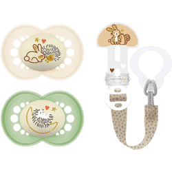 MAM Pack de 2 Chupetes + Broche, A Partir de 16 Meses: 2 Chupetes que Brillan en la Oscuridad, con Tetina de Silicona de Fácil Aceptación, + Broche Chupetero, para Todo Tipo de Chupetes, Mordedores y Juguetes, Longitud Ajustable, Cubierta de Protección