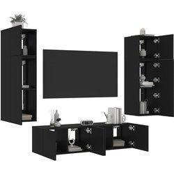 Mueble de TV de pared con LED 6 piezas de madera negro multicapa