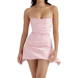 Mini vestido de tubo sin mangas de corte bajo rosa para mujer, vestido corto ajustado con hombros descubiertos y fruncido para fiesta de noche