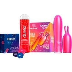 Durex Pack - Conejito Vibrador 2 en 1 VIBE & TEASE con punta estimuladora, 7 modos de vibración y resistente al agua + Gel lubricante sabor fresa + Dados de placer