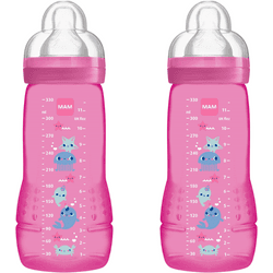 MAM Pack de 2 Biberones Easy Active Baby Bottle, 330 ml, 4+ Meses, Aprendizaje, Tetina nº 3 Silicona de Flujo Rápido, Tapa Antigoteo, Rosa