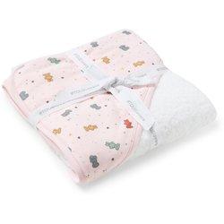 Capa de baño -TOUS-  confeccionada de suave algodón con capucha estampada con osos charms multicolor . Ofrece calidez, confort y gran absorción en el secado del bebé.