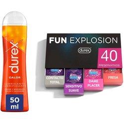 Durex - Lote Fun Explosion, Pack 40 Preservativos + Lubricante Efecto Calor 50 ml, Cosquilleo y Diversión, Sexo Seguro