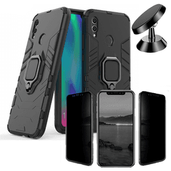 Kit Carcasa, Protector Privacy y Soporte Magnetico Huawei P Smart 2019 Military Defender Negro