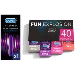 Durex - Lote Fun Explosion, Pack 40 Preservativos + Vibrador Mini Intense Orgasmic Pure Pleasure, Dildo Consolador Clítoris Mujer