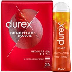 Durex - Lote 24x Preservativos Sensitivo Suave + Lubricante Efecto Calor 50 ml, Sexo Seguro. Perímetro Regular, Grosor Fino