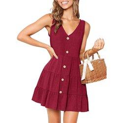 Vestido con botones para mujer, vestido plisado con cuello en V, sin mangas, de verano