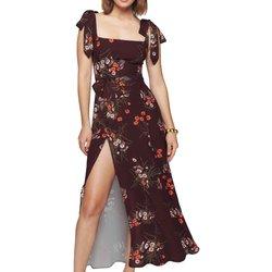 Vestido largo rojo oscuro elegante con cuello cuadrado para mujer Estampado floral Vintage informal con tirantes de corbata Split Dr