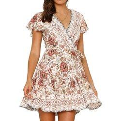 Mini vestido de gasa con estampado floral y mangas largas campesinas para mujer