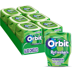 Orbit Refreshers, Bote de Chicles Sin Azúcar Sabor Hierbabuena que proporciona frescura inmediata, grageas (6 x 30 chicles)