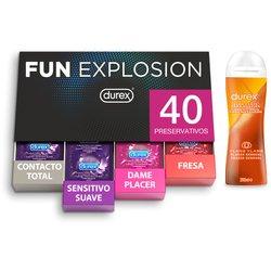 Durex - Fun Explosion, Pack Preservativos Sabor Fresa, Dame Placer, Sensitivo Suave y Contacto Total, 40 Condones + Lubricante Play Massage 2 en 1 200 ml