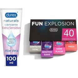 Durex - Lote Fun Explosion, Pack 40 Preservativos + Lubricante Naturals Extra Sensitivo 100ml, Ingredientes Naturales, Sexo Seguro