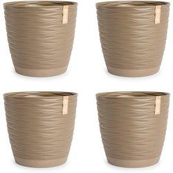 Set de 4 Macetas Decorativas Redondas 15 cm con Platos Integrados. Taupe ARECA