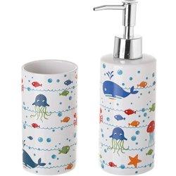 Set Dosificador Baño Avalon Cerámica Blanca Animales Marinos Multicolor  (6,5x19 cm)