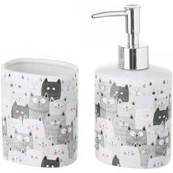 Set Dosificador Baño Avalon Cerámica Blanca Dibujos Gatos Grises y Negros (8x6x16cm)