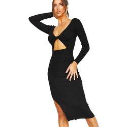 Vestido tipo suéter negro con cuello en V para mujer Vestido casual de manga larga con abertura en la parte delantera