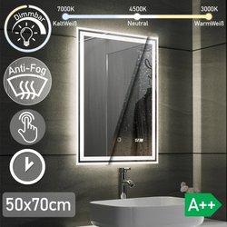 Espejo de baño retroiluminado - 50 x 70 cm, a++, retroiluminación fría/caliente/blanca, táctil, antivaho, reloj -