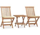 Set comedor de jardín plegable 3 piezas madera de teca cojines