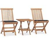 Set comedor de jardín plegable 3 piezas madera de teca cojines