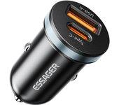 Cargador de coche ESSAGER de 30 W, puertos duales USB-A tipo C, carga rápida PD, para vehículos de 12-24 V - Negro