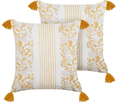 Beliani conjunto de 2 cojines de algodón amarillo mostaza/blanco 45 x 45 cm biloba