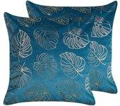 Beliani conjunto de 2 cojines de terciopelo azul/dorado 45 x 45 cm monstera