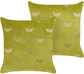 Beliani conjunto de 2 cojines de terciopelo verde claro/dorado 45 x 45 cm yuzuri