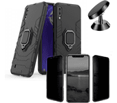 Kit Carcasa, Protector Privacy y Soporte Magnetico Samsung Galaxy M20 Military Defender Negro