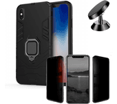 Kit Funda, Protector Privacy y Soporte Magnetico iPhone XS Max Military Defender Negro