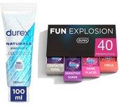 Durex - Lote Fun Explosion, Pack 40 Preservativos + Lubricante Naturals Hidratante 100ml, Ingredientes Naturales, Sexo Seguro