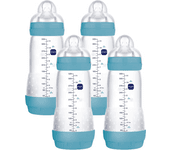 MAM Pack de 4 Biberones Anticólicos, 4+ meses, 320ml, con Tetina 3 Flujo Rápido de Silicona de Fácil Aceptación, Autoesterilizable y Fácil de Limpiar, Easy Start Anti-Colic, Azul Mate