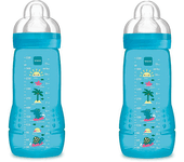 MAM Set de 2 Biberones Easy Active Baby Bottle 330 ml, 4+ Meses, con Tetina nº 3 Silicona de Flujo Rápido, Tapa Antigoteo, Azul