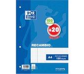 Oxford, Recambio de Hojas Cuadriculadas A4 Perforadas. 4 Agujeros,  Recambio Archivador, 100+20 Hojas, Cuadrícula 4x4, con Margen, 90g de gramajes. Lineas Azules