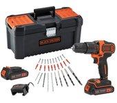 Black and Decker KIT: Taladro Percutor 18V, portabrocas 10mm, BDCHD18C2TA-QW, 10 + 1 posiciones de par de apriete, 2 velocidades. Incluye 2 baterías 1,5Ah de Litio, 30 accesorios, cargador y caja de herramientas 16"