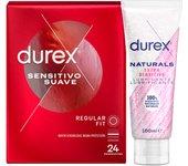 Durex - Lote 24x Preservativos Sensitivo Suave + Lubricante Naturals Extra Sensitivo 100 ml, Sexo Seguro. Perímetro Regular, Grosor Fino