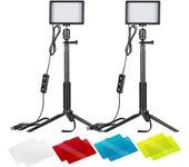 Kit Iluminación Fotografía Vídeo 5600K, Pack de 2 Luces de Cámara USB Ajustable con Trípode Ajustable y Filtros de Color, Iluminación de Estudio para Fotos de Mesa, Ángulo Bajo, Videoconferencia, Zoom, Youtube, Tiktok