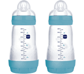 MAM Pack de 2 Biberones Anticólicos, 2+ Meses, 260ml, con Tetina 2 Flujo Medio de Silicona de Fácil Aceptación, Autoesterilizable y Fácil de Limpiar, Easy Start Anti-Colic, Azul Mate, 2 Unidades