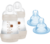 MAM Pack de 2 Biberones + 2 Tetinas, Recién Nacidos: 2 Biberones Anticólicos, 160ml, con Tetina 1 Flujo Lento, Autoesterilizable y Fácil de Limpiar, Easy Start Anti-Colic + 2 Tetinas 1, Flujo Lento, Apto para todos los Biberones MAM, de Silicona SkinSoftT