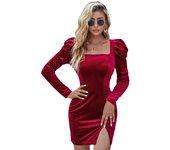 Mini vestido bodycon fruncido de manga larga con cuello cuadrado para mujer, vestido de fiesta, club, cóctel, vestidos cortos de terciopelo A