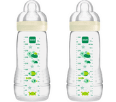 MAM Pack de 2 Biberones Easy Active Baby Bottle, 330 ml, 4+ Meses, Aprendizaje, Tetina nº 3 Silicona de Flujo Rápido, Tapa Antigoteo, Color Neutro