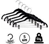 Percha Slim Revestida de Terciopelo Negro 43 cm con Clip de Acero - Paquete de 5 Unidades