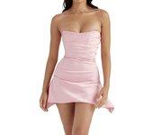 Mini vestido de tubo sin mangas de corte bajo rosa para mujer, vestido corto ajustado con hombros descubiertos y fruncido para fiesta de noche