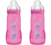 MAM Pack de 2 Biberones Easy Active Baby Bottle, 330 ml, 4+ Meses, Aprendizaje, Tetina nº 3 Silicona de Flujo Rápido, Tapa Antigoteo, Rosa