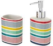 Set Dosificador Baño Avalon Cerámica Blanca Listas  Multicolor (8x6x16cm)