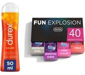 Durex - Lote Fun Explosion, Pack 40 Preservativos + Lubricante Efecto Calor 50 ml, Cosquilleo y Diversión, Sexo Seguro