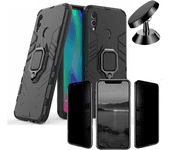 Kit Carcasa, Protector Privacy y Soporte Magnetico Huawei P Smart 2019 Military Defender Negro