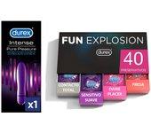 Durex - Lote Fun Explosion, Pack 40 Preservativos + Vibrador Mini Intense Orgasmic Pure Pleasure, Dildo Consolador Clítoris Mujer